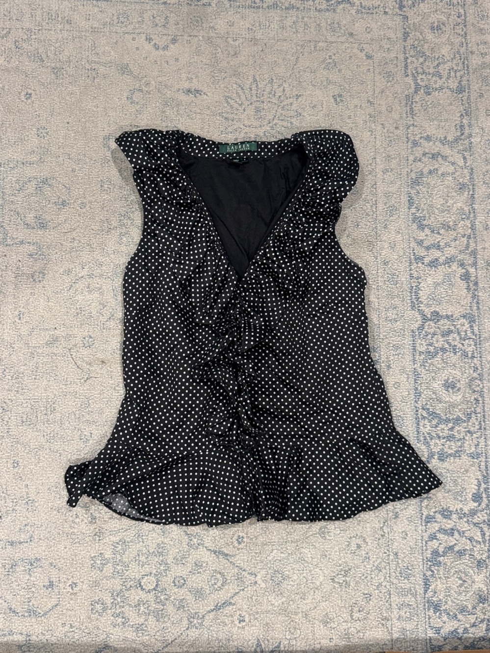 Lauren Ralph Lauren Black and White Polka Dot Ruffle V-Neck Blouse